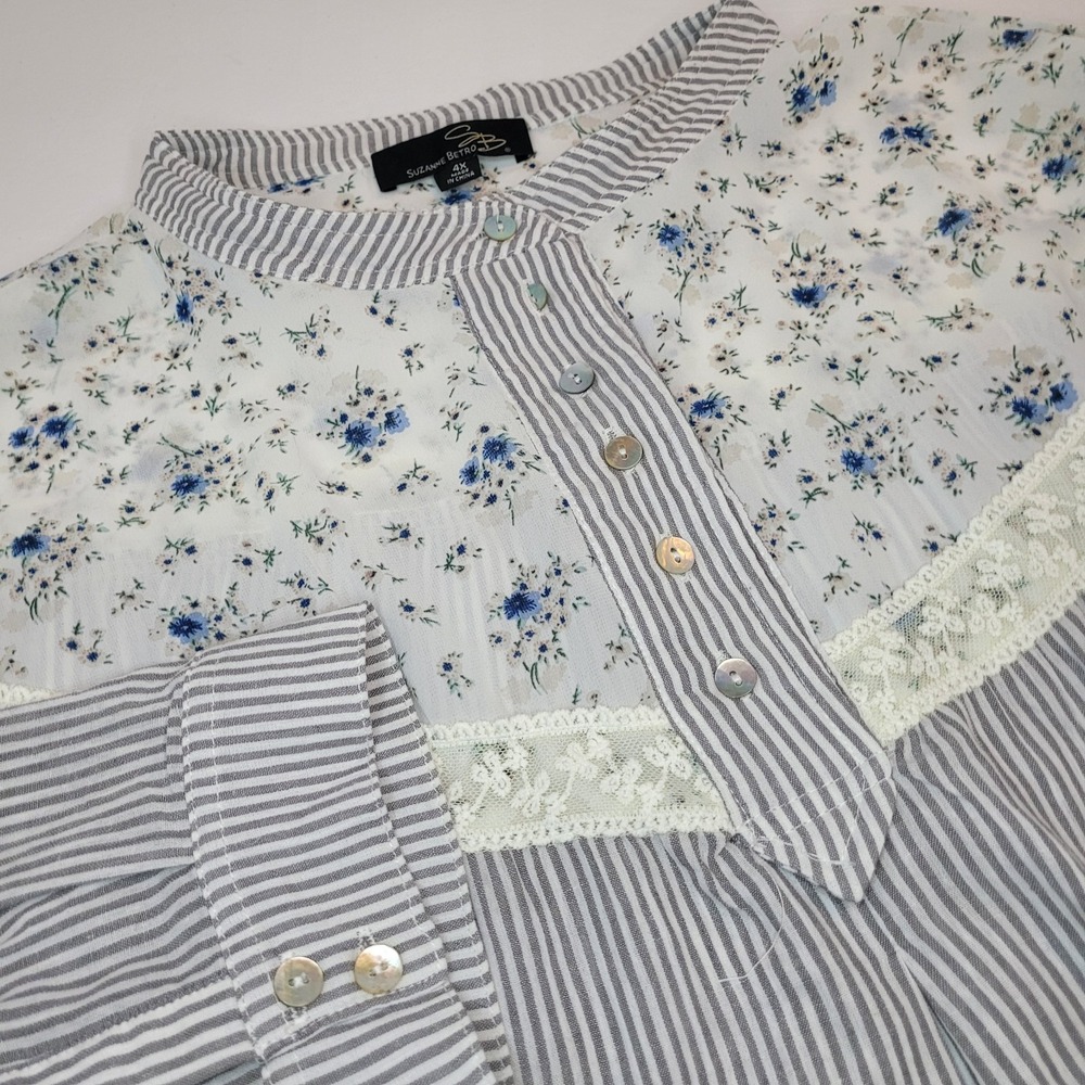 Suzanne Betro Tunic Blouse Blue White Stripe NWOT Button Up Lace Boho Pockets